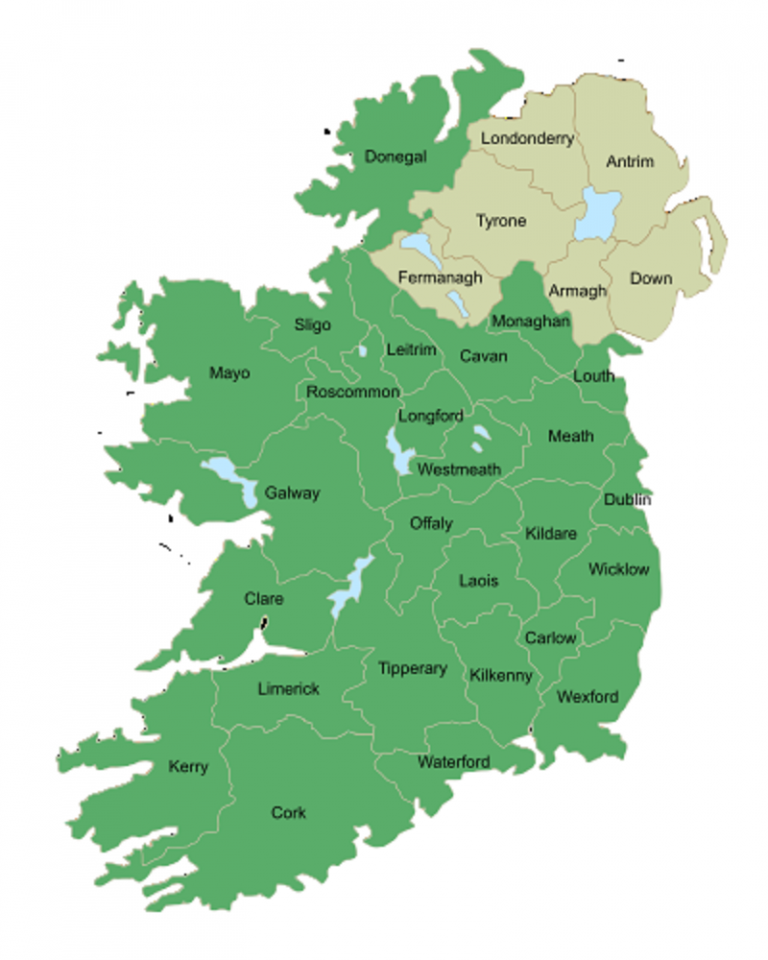 Irsko zůstane od roku 1921 rozděleno. Severní část vyznačena okrovou barvou.