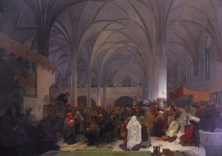 Kázání Mistra Jana Husa v kapli Betlémské z cyklu Slovanská epopej od Alfonse Muchy.