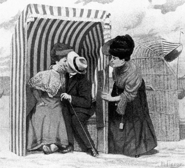 Pohlednice z roku 1900 zobrazující plážový koš