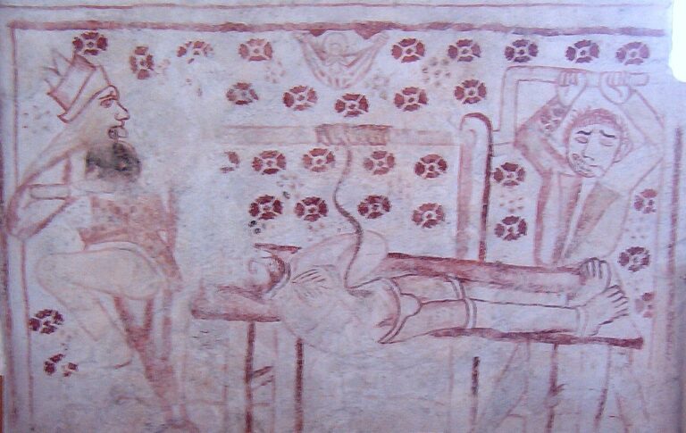 Freska z 15. století považovaná za mučení a roztrhání Erasma na kusy v kostele Panny Marie v Bratislavě. FOTO: Nebyl poskytnut žádný strojově čitelný autor. Fred J předpokládal (na základě nároků na autorská práva). Creative Commons/ CC BY-SA 1.0