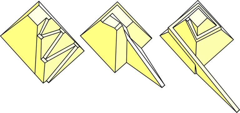 Různé typy ramp: Zleva doprava: Klikatá rampa (Uvo Hölscher), rampa využívající neúplnou část svršku (Dieter Arnold) a spirálovitá rampa podepřená svrškem (Mark Lehner). Foto: Althiphika/Creative Commons/CC BY-SA 3.0