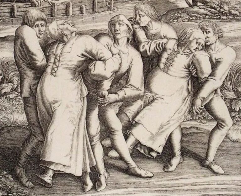 Historikové hledají vysvětlení, proč lidé podlehli nekontrolovanému tanečnímu reji. Foto: The Dancing Mania; by Hondius after Brueghel/Creative Commons/CC BY-SA 4.0