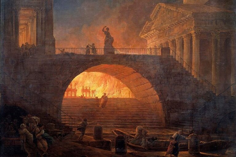 Římský císaž Nero rád hrával na lyru a prý zpíval i během požáru Říma. Foto: Hubert Robert (1733-1808)/Creative Commons/Public Domain