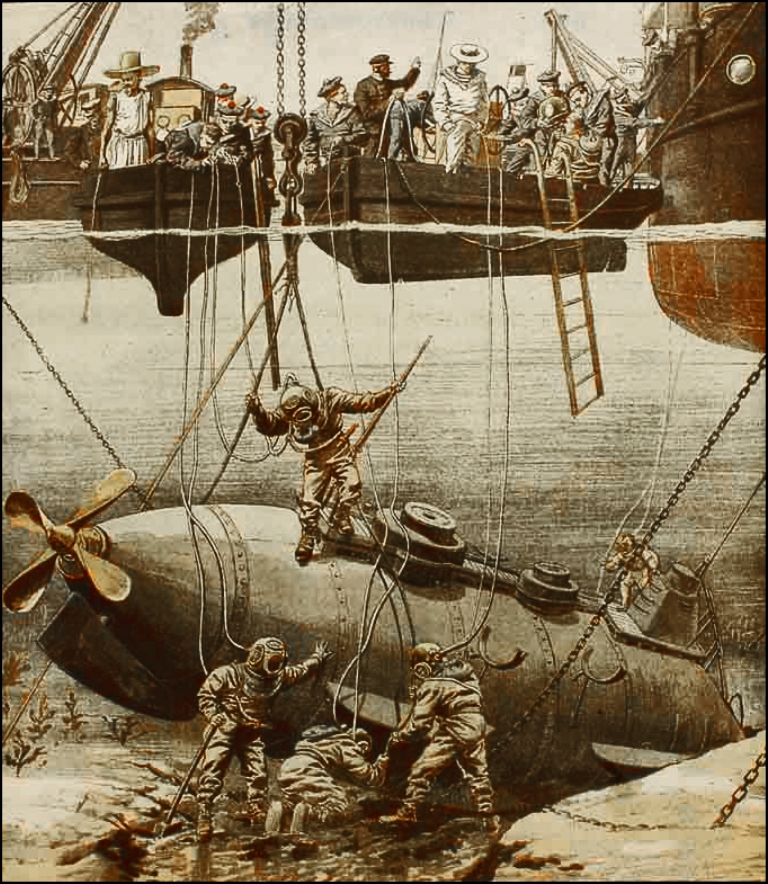 Představa kreslíře o pokusu zachránit posádku ponorky