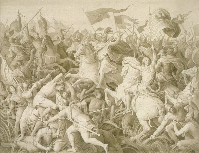 Krvavá řežba na Moravském poli mezi Rudolfem Habsburským a Přemyslem Otakarem II. Foto: Julius Schnorr von Carolsfeld (1794–1872)/Creative Commons/Public Domain