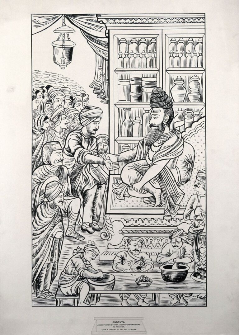 Indický lékař Sušruta se jako první rozhodl rekonstruovat nosy. Foto: https://wellcomeimages.org/indexplus/obf_images/d0/45/c210860bff03f531e5b1a2d4ce08.jpg/Creative Commons/CC BY-SA 4.0