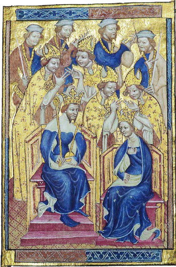 Princezna Anna Lucemburská (vpravo) si bere anglického krále Richarda II. Čeští šlechtici se díky tomu setkávají s Vicklefovými spisy.