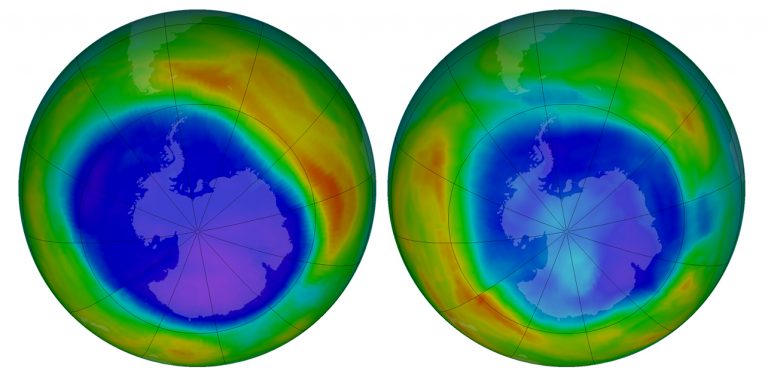 Stav ozonu nad Antarktidou v roce 2000 a 2014.