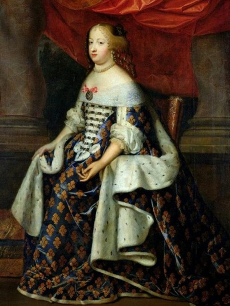 Marie Tereza Habsburská v plášti s královskými liliemi. Ve střevících s tímto dekorem si ji francouzský král vzal za ženu.