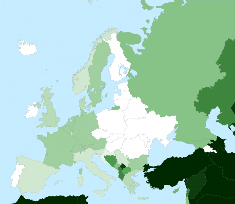 Muslimové v Evropě. <1% (Polsko, Arménie, Bělorusko, Česko, Estonsko, Finsko, Maďarsko, Island, Irsko, Lotyšsko, Litva, Malta, Moldavsko, Monako, Portugalsko, Rumunsko, San Marino, Slovensko, Ukrajina) 1% - 2% (Andorra, Chorvatsko) 2% - 4% (Itálie, Lucembursko, Norsko, Srbsko, Slovinsko, Španělsko) 4% - 5% (Dánsko, Řecko, Lichtenštejnsko, Spojené království) 5% - 10% (Rakousko, Belgie, Francie, Německo, Nizozemsko, Švédsko, Švýcarsko) 10% - 20% (Bulharsko, Gruzie, Černá Hora, Rusko) 20% - 30% (Kypr) 30% - 40% (Makedonie) 40% - 50% (Bosna a Hercegovina) 80% - 90% (Albánie) 90% - 95% (Kosovo) >95% (Turecko, Ázerbájdžán)