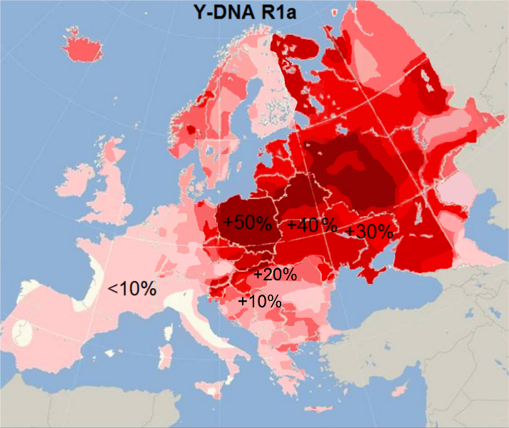 Čím tmavší červená barva, tím větší je dnes v populaci zastoupení slovanské DNA haploskupiny R1a.