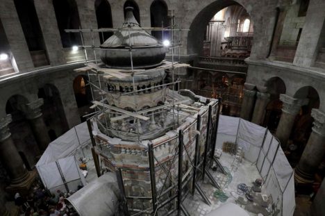 Preservation specialists from the National Technical University of Athens are working to strengthen the shrine surrounding the tomb. Credit Gali Tibbon/Agence France-Presse — Getty Images