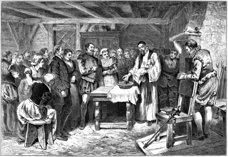 Baptism of Virginia Dare, the first English child born in North America. Lithograph, 1880