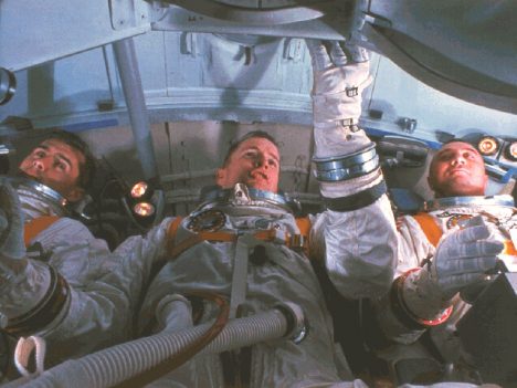 Chaffee, White, and Grissom training in a simulator of their Command Module cabin, January 19, 1967.