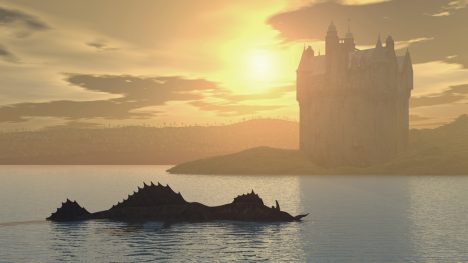 Loch Ness Monster and Scottish Castle Computer generated 3D illustration