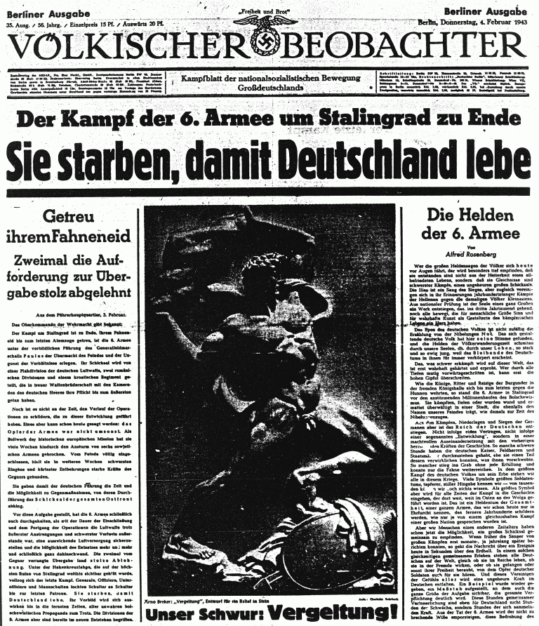 Oficiální nacistický deník Völkischer Beobachter 4. února 1943.