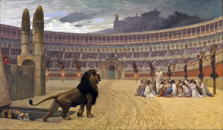 Neýž se křesťanství stalo oficiálním římským náboženstvím, bývali křesťané v Koloseu předhazováni kočkovitým šelmám.
