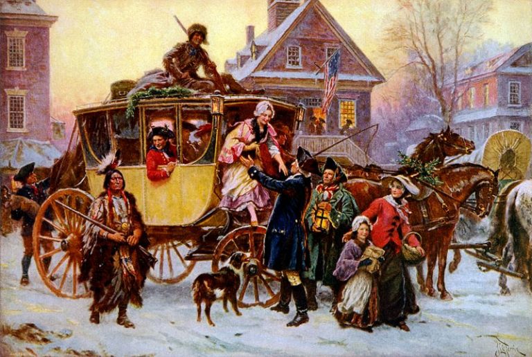 Oslavy Štědrého dne v Philadelphii roku 1795. Puritáni kultu Vánoc ale moc nepřejí.
