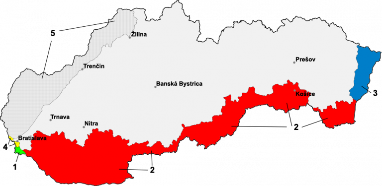 Slovensko po roce 1938: 1 — Bratislava - předmostí, do 1947 Maďarsko 2 — jižní Slovensko, 1938 až 1945 Maďarsko. 3 — pás území, 1939-1945 Maďarsko. 4 — Devín a Petržalka, 1938 až 1945 Německo. 5 — německé 