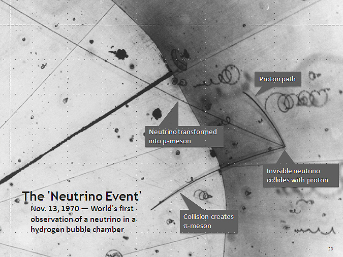 Snímek první detekce neutrina v bublinkové komoře.