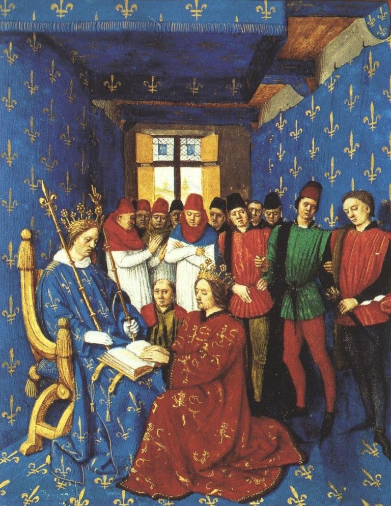 Filip IV. Sličný (v modrém rouchu) jde na papeže zostra…