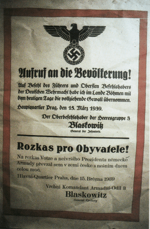 Převzetí moci 15. března 1939. Navzdory tragické situaci Čechy humor neopouští.