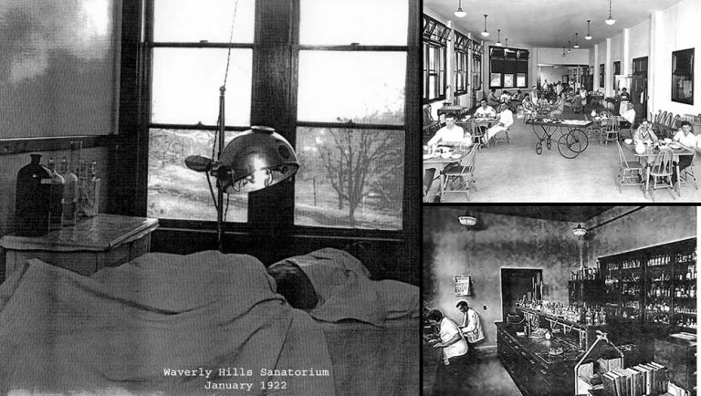 V sanatoriu byla pro pacienty připravena jak kvalitní lékařská péče, tak i společenské vyžití, na fotografii vpravo nahoře se nacházejí v místní kavárně.