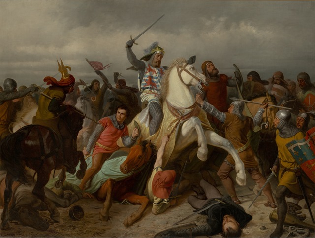 Jan Lucemburský v bitvě u Kreščaku v roce 1346.