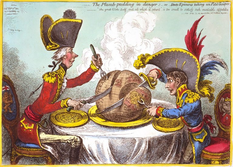 Dobová karikatura. Napoleon I. Bonaparte si chce pochutnat na celé Evropě.