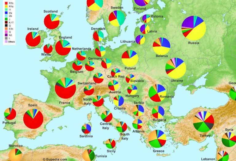 Rozšíření haploskupin v jednotlivých evropských zemích.