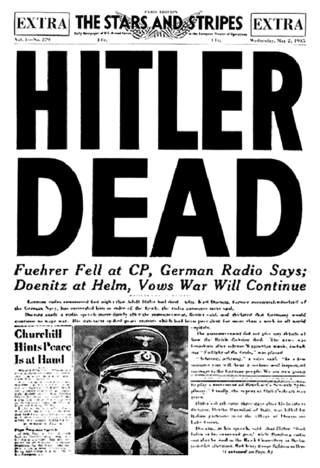 Americké armádní noviny oznamují Hitlerovu smrt 2. května 1945.