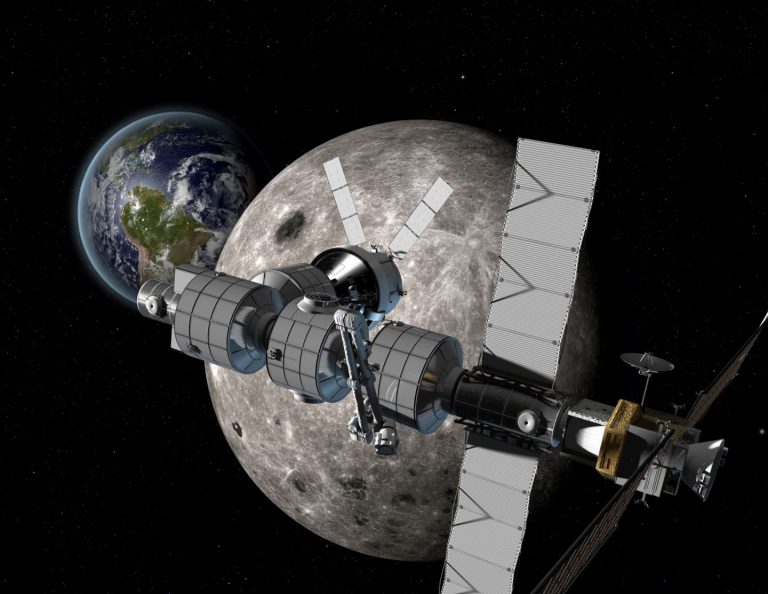 Umělecká představa vesmírné stanice u Měsíce.
