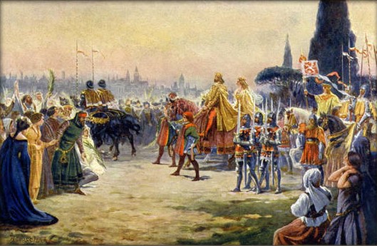 Karel IV. přijíždí na Koni s manželkou Annou Svídnickou. Jeho pozdější zranění - zlomeninu krčku stehenního kosti, mohl způsobit také pád z koně.