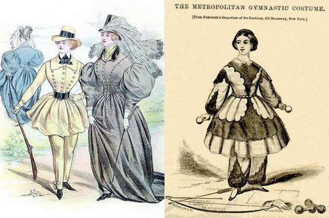 První ženské kalhoty, kterým,i se ženy pokouší proniknout do této dosud výhradně mužské oblasti jsouj tzv. Jupe-culotte (vpravo).