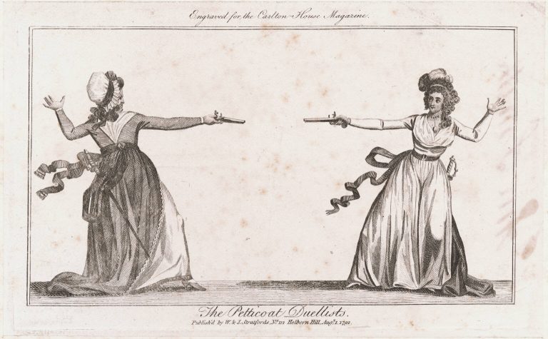 Souboj mezi lady Braddockovou a paní Elphinstoneovou, tzv. Petticoat duel.
