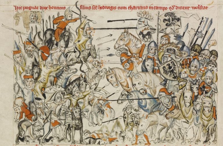 Znázornění bitvy u Lehnice mezi slezským, moravským a malopolským rytířstvem a Mongoly v roce 1241. Evropané byli na hlavu poraženi.