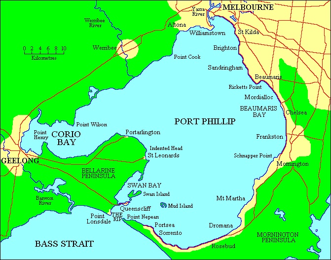 Mapka znázorňuje jednotlivá místa v melbournském přístavu.