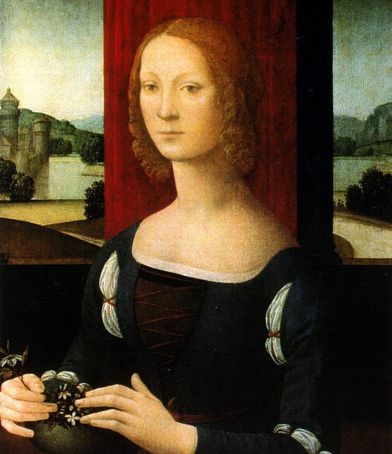 Některé teorie tvrdí, že na obraze je milánská femme fatale Caterina Sforza (1463–1509), divoká, sebevědomá a podle některých svědectví velmi krutá žena.