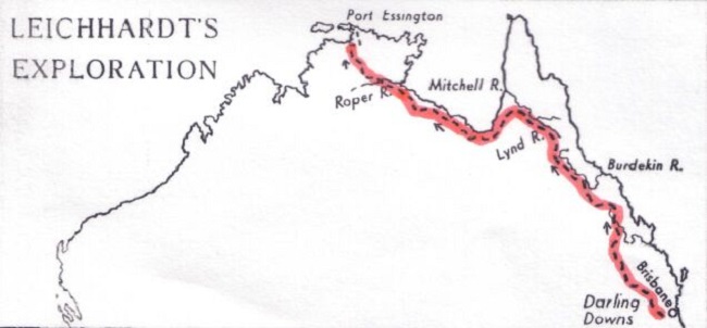 Mapka zachycuje cestu Leichhardtovi první slavné expedice.