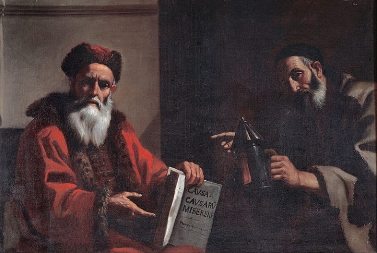 Diogenes a Platon spolu diskutují. Platón se domnívá, že nad školským systémem by měl dohlížet státní úřad.
