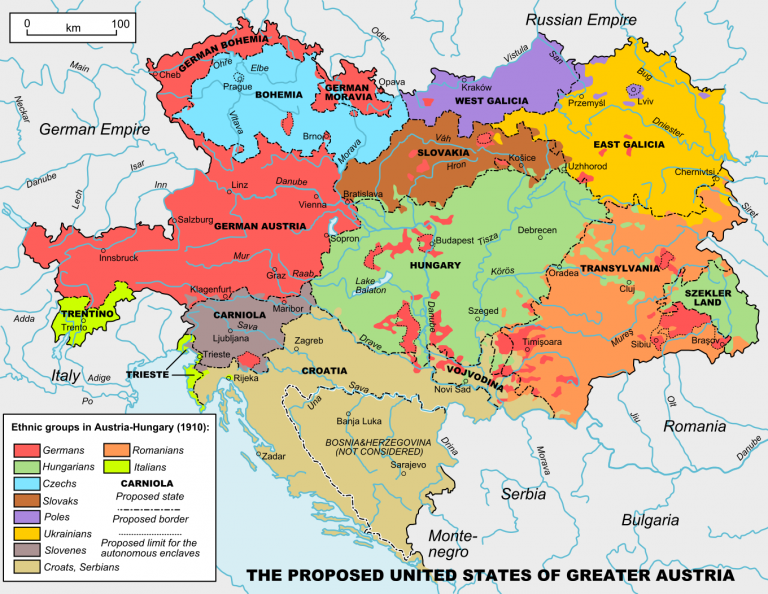 Národnostní složení Rakousko-Uherska, Češi jsou znázorněni světle modře.