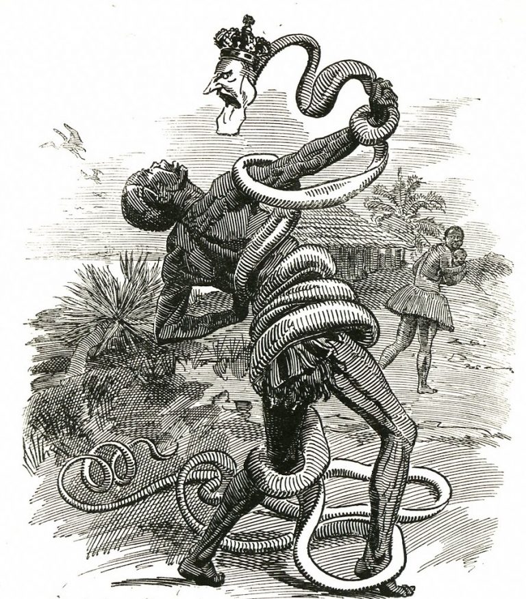 Kvůli své hamižnosti v Kongu se Leopold II. stal oblíbeným terčem dobových karikaturistů.
