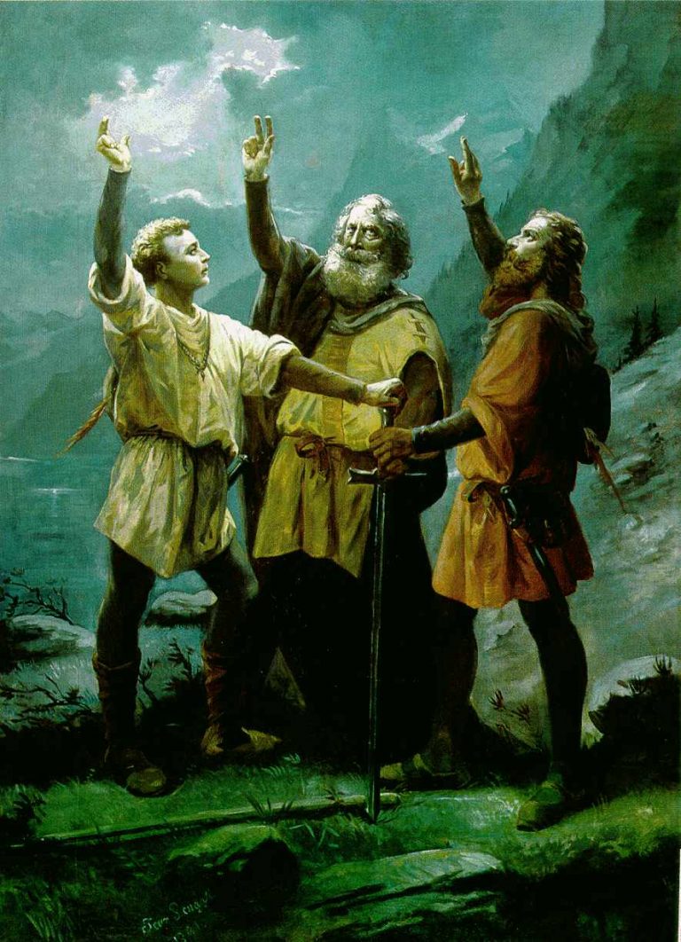 Tři zástupci tří švýcarských kantonů svou legendární přísahou roku 1307 stvrdí založení Staré švýcarské konfederace, neboli Starého spříseženství.