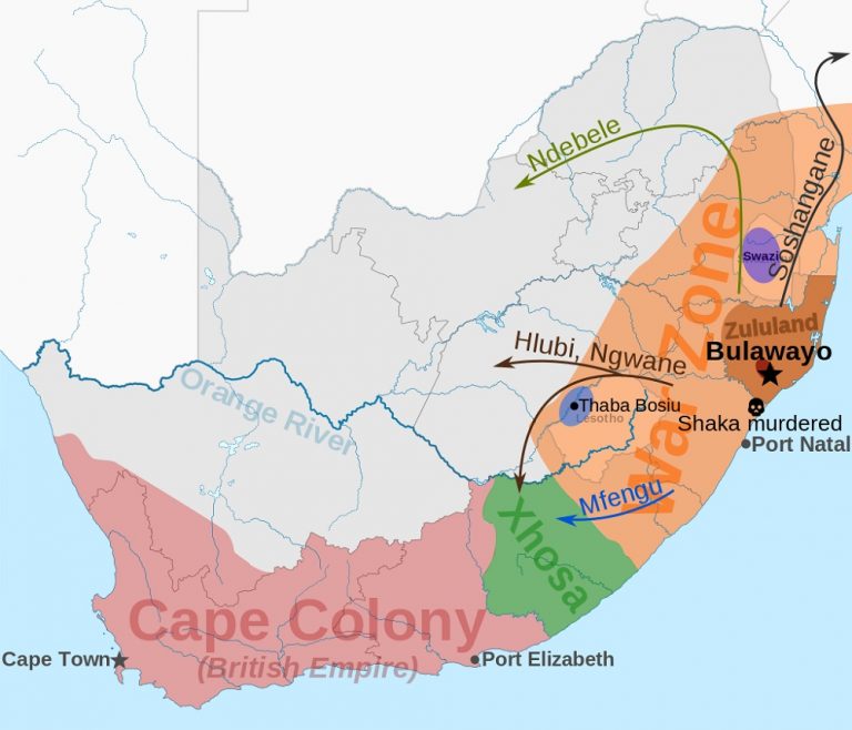 Mapa zachycuje rozmach zuluské říše za Šakovy vlády (v obou odstínech oranžové barvy).