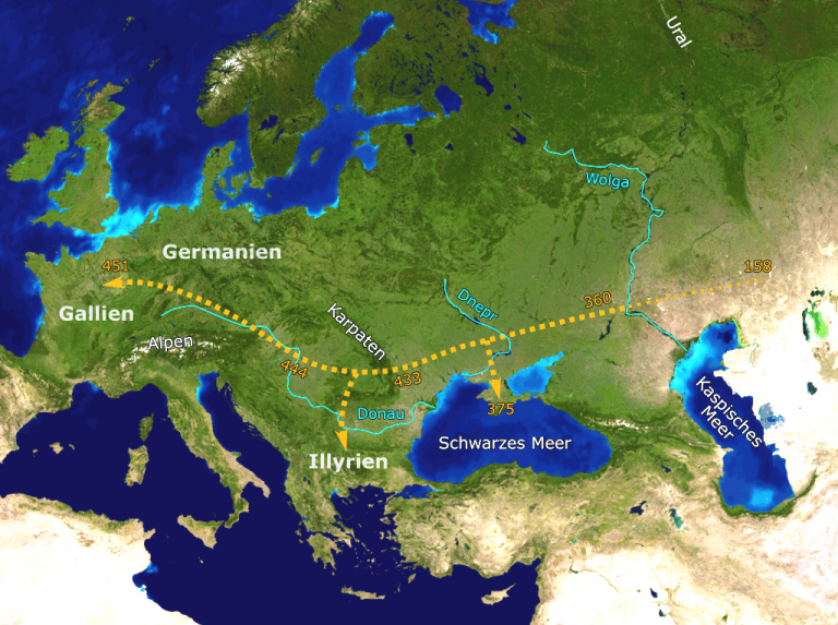 Grafické znázornění cesty Hunů Evropou.