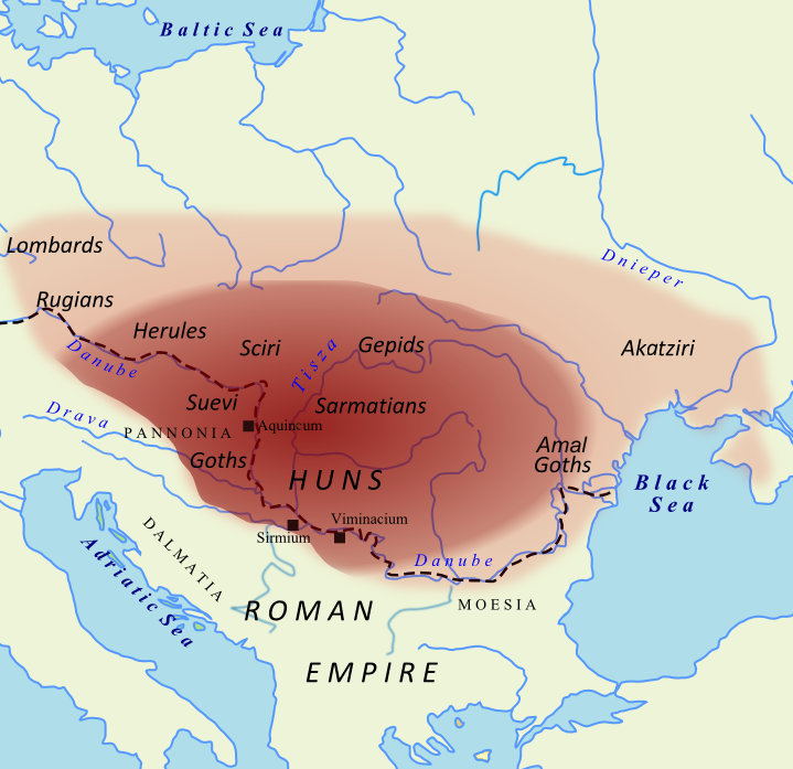Takto vypadala rozloha Hunská říše za Attilovy vlády.