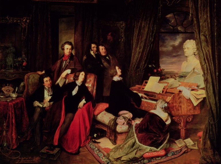 Marie d´Argoult (sedící na zemi) se nakonec s Lisztem rázně rozejde, A pikantní podrobnosti o vztahu si nenechá pro sebe.
