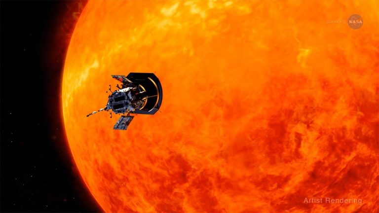 Umělecká představa sondy Parker Solar Probe u Slunce.