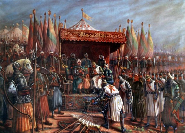 Guy z Lusignanu se po bitvě u Hattínu obává o život. Saladin s ním místo popravy jedná se vší úctou.