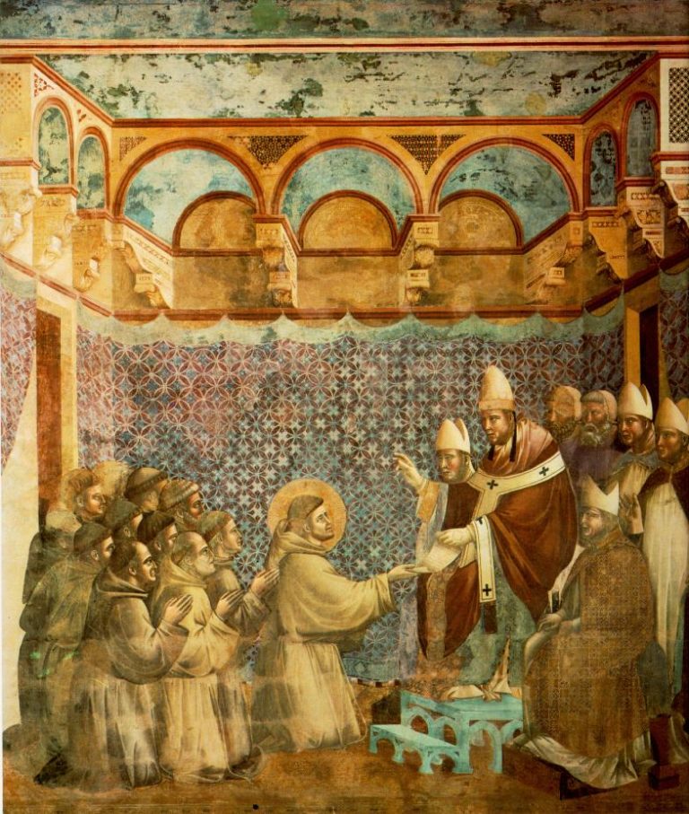 Papež Inocenc III. předává listiny františkánskému řádu. Ten se zapojí i do ničení knih.